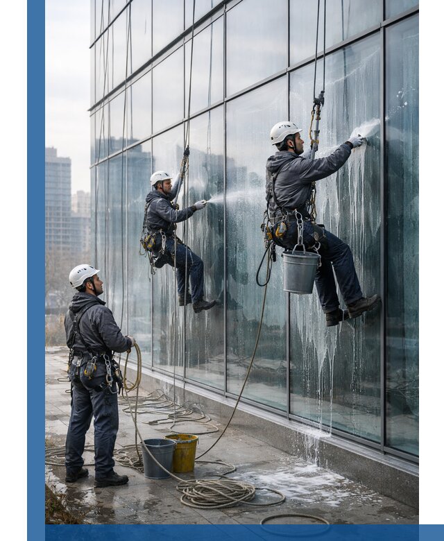 Промышленная мойка панорамных окон на высоте в Нурлате