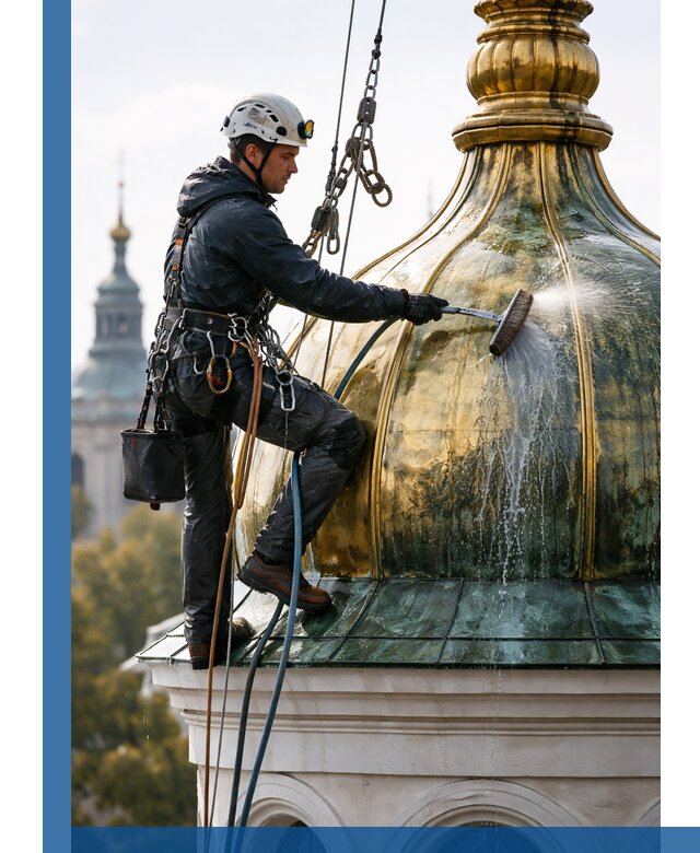 Профессиональная мойка куполов и шпилей высотными альпинистами в Нурлате