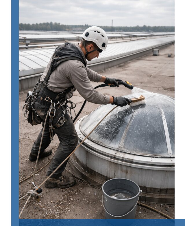 Мойка зенитных фонарей на кровле для промышленных объектов в Нурлате