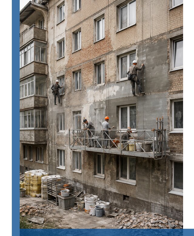 Капитальный ремонт фасада в Нурлате с восстановлением и гидроизоляцией