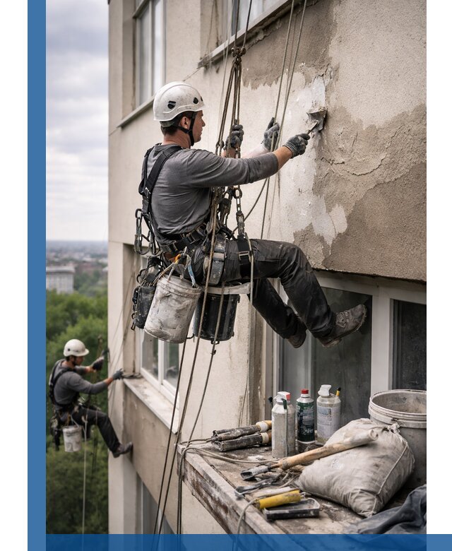 Косметический ремонт фасада зданий в Нурлате промышленными альпинистами