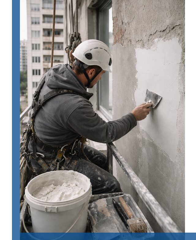 Шпаклевка фасадов на высоте с промальпинистами в Нурлате