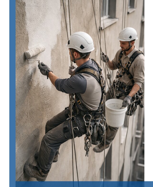 Грунтовка фасада на высоте в Нурлате промышленными альпинистами