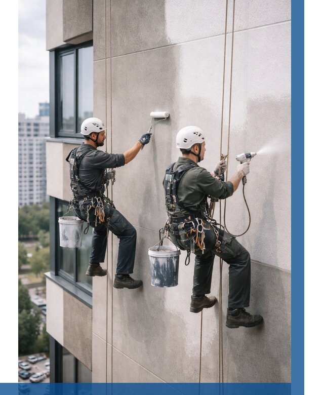 Покраска фасада альпинистами в Нурлате от 313 р. | ВЫСОТНИК-Нрт