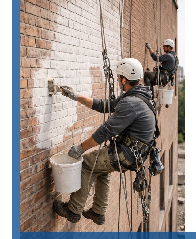 Покраска кирпичного фасада с доступным альпинистским сервисом в Нурлате