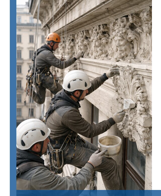 Реставрация фасадной лепнины с высотными работами в Нурлате