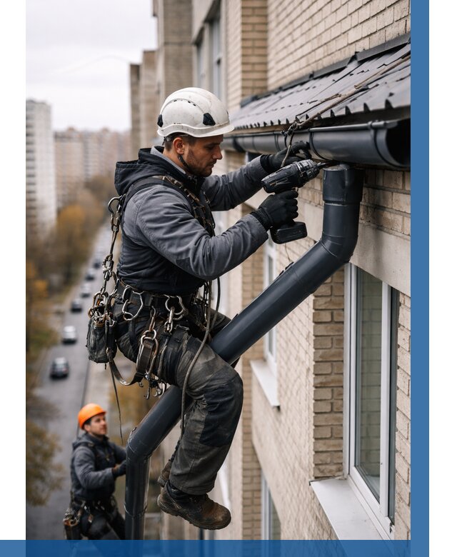 Монтаж водосточной системы на здании в Нурлате от 5214 р. | ВЫСОТНИК-Нрт