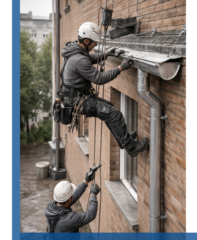 Монтаж водосточной системы на здании в Нурлате под ключ