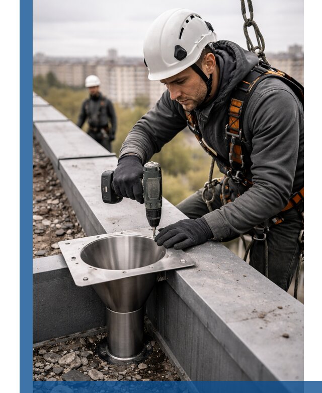 Монтаж водосточных воронок в Нурлате для промышленных зданий