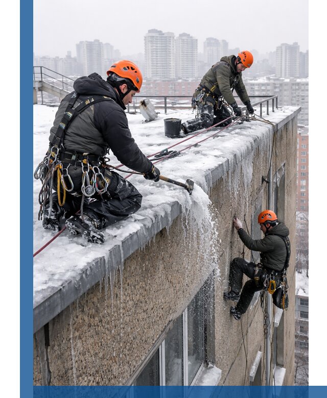 Удаление наледи с кровли в Нурлате промышленными альпинистами