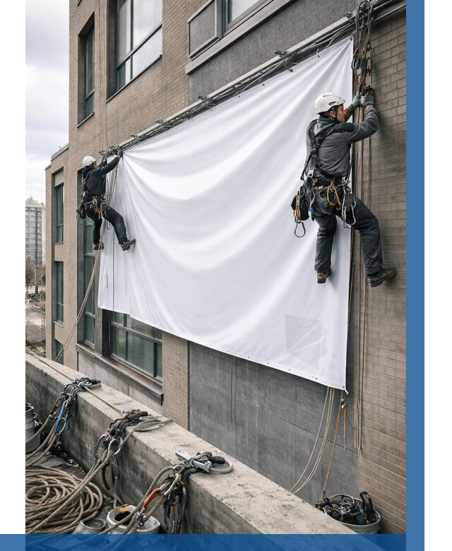 Монтаж баннеров на фасаде в Нурлате от 678 р. заказать ВЫСОТНИК-Нрт