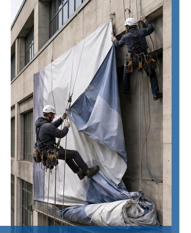 Демонтаж баннеров с фасада в Нурлате от 4692 р. | ВЫСОТНИК-Нрт