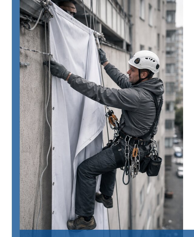 Замена баннерного полотна промышленными альпинистами в Нурлате