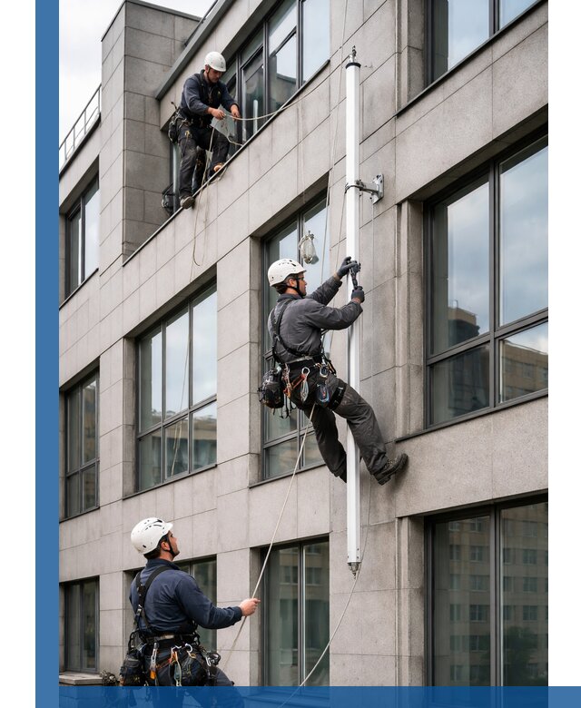 Монтаж флагштока на фасаде здания с креплением и герметикой в Нурлате