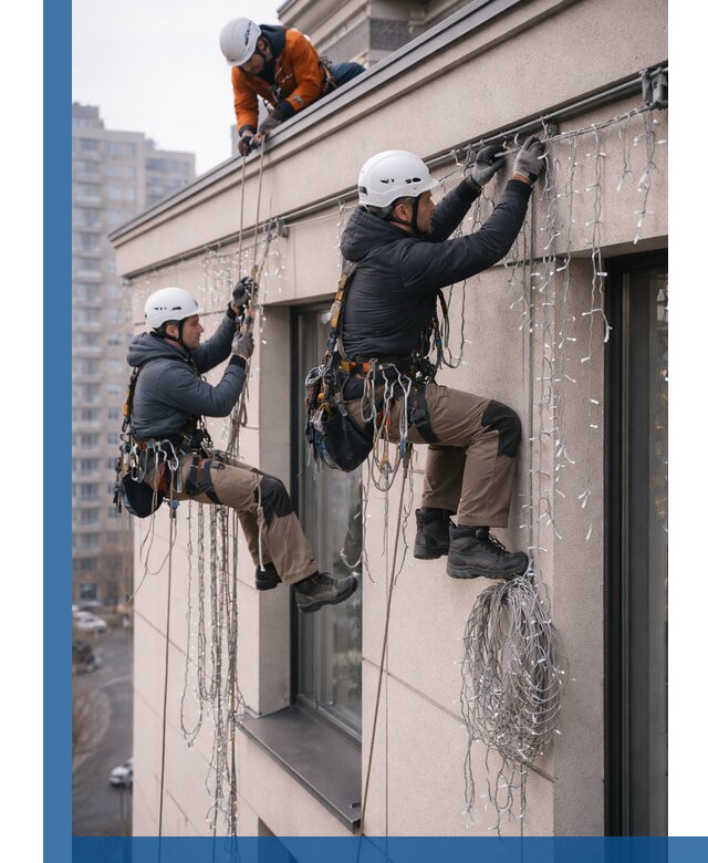 Монтаж праздничных гирлянд на фасаде в Нурлате для зданий