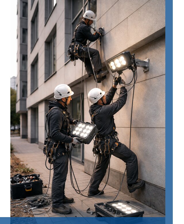 Монтаж прожекторов на фасаде в Нурлате от 7820 р. | ВЫСОТНИК-Нрт