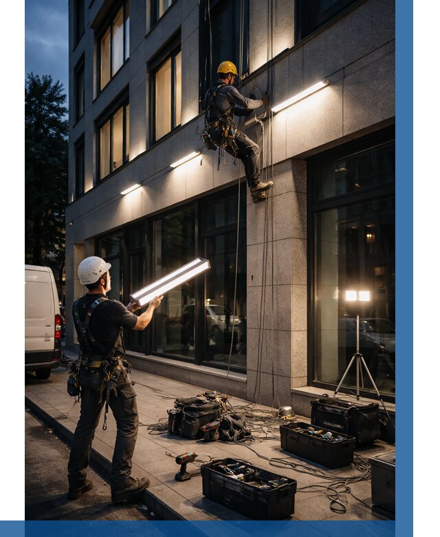 Монтаж архитектурной подсветки здания в Нурлате от 2607 р.|ВЫСОТНИК-Нрт