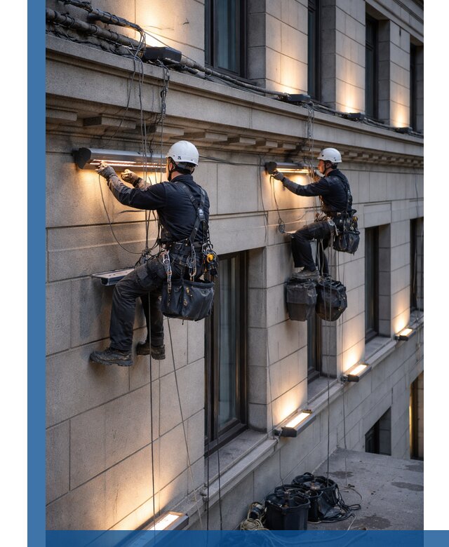 Монтаж архитектурной подсветки фасадов зданий в Нурлате