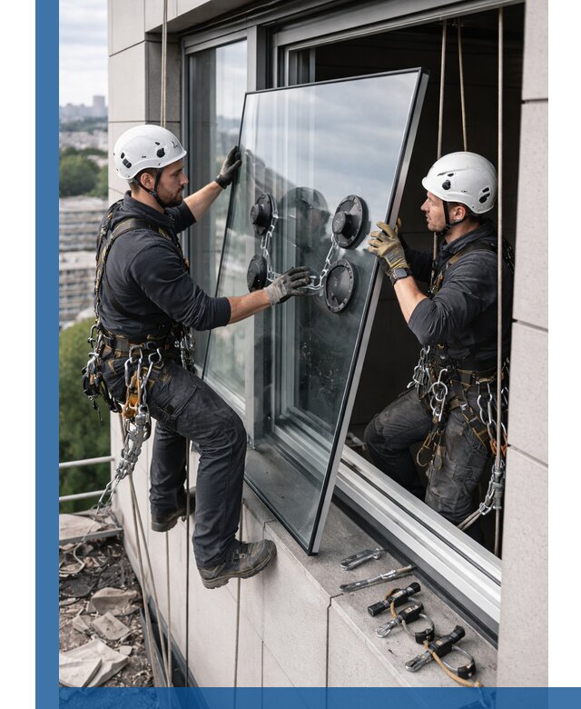 Замена стеклопакетов на высоте с промышленными альпинистами в Нурлате