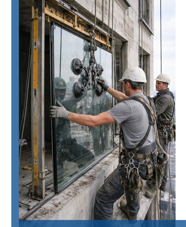 Монтаж стеклопакетов на высоте в Нурлате с промышленным альпинизмом