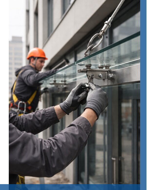 Монтаж стеклянных козырьков в Нурлате от 8863 р. | ВЫСОТНИК-Нрт