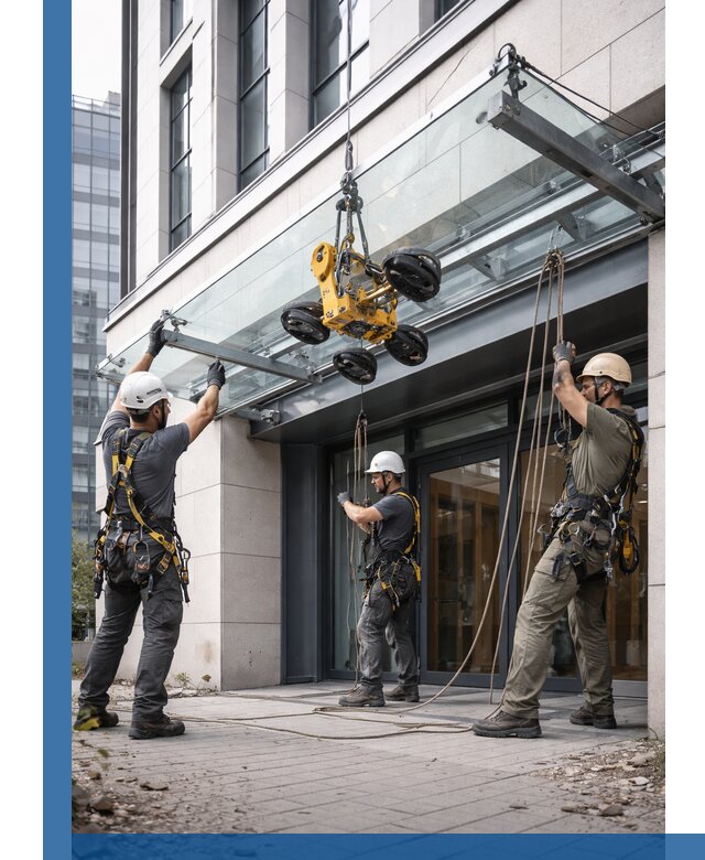 Монтаж стеклянных козырьков под ключ в Нурлате для зданий